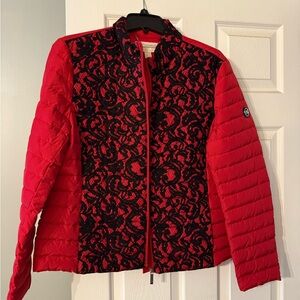 Michael Kors NWT Red and Black Lace Patterned Puffer Jacket